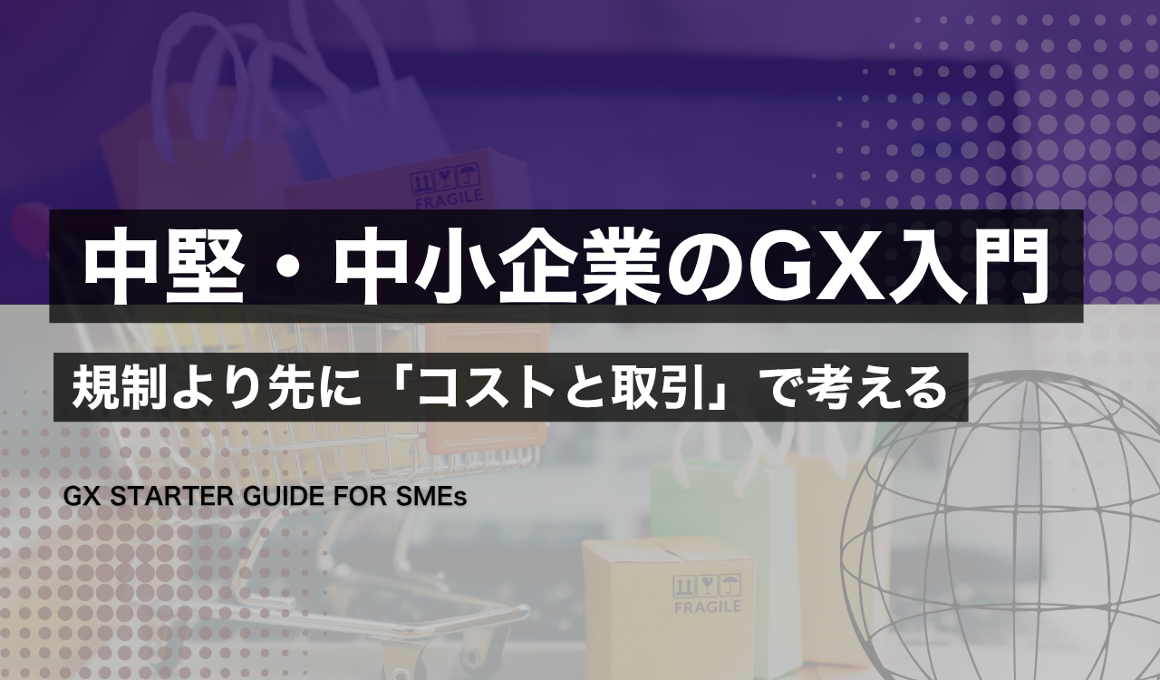 中堅・中小企業のGXの全体像を俯瞰する案内板の図。GX-ETS・取引先要請・化石燃料賦課金・省エネ・補助金の関係を地図状に整理。