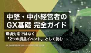 中堅・中小経営者向けGX基礎の全体像を示す図。GX-ETSの直接対象は約300〜400社で、取引先要請と2028年度の化石燃料賦課金が中小に波及することを表す